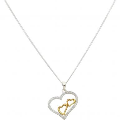 New Sterling Silver & Gold Plated Cubic Zirconia Heart Necklace