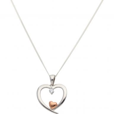 New Sterling Silver Two-Colour Cubic Zirconia Set Heart Necklace