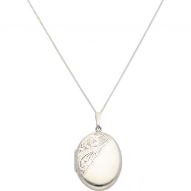 New Sterling Silver Oval Engraved Locket & Curb Chain Necklace