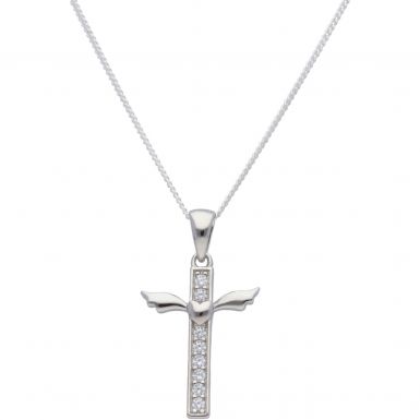 New Silver Stone Set Cross & Heart with Wings Necklace