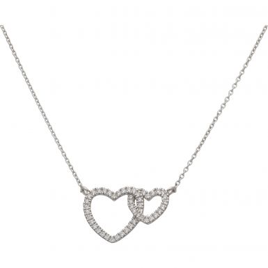 New Sterling Silver Cubic Zirconia Set Double Heart 16" Necklace