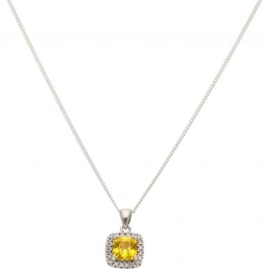 New Silver Yellow Cubic Zirconia Pendant & Chain Necklace