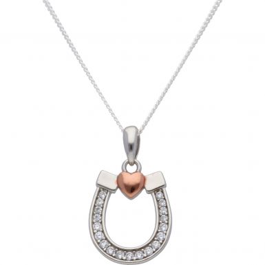 New Sterling Silver Cubic Zirconia Horseshoe Pendant & Necklace