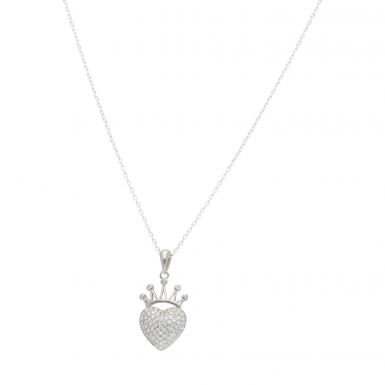 New Sterling Silver Cubic Zirconia Heart & Crown Necklace