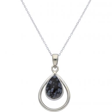 New Sterling Silver Snowflake Obsidian Pendant & 18" Necklace