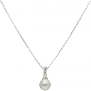 New Sterling Silver Simulated Pearl & Cubic Zirconia 18" Chain