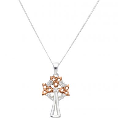 New Silver & Rose Cubic Zirconia Celtic Cross & 18" Necklace