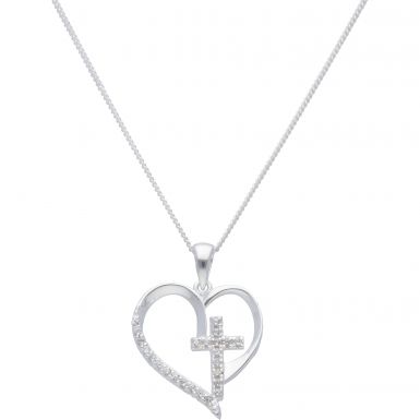 New Sterling Silver Cubic Zirconia Cross Heart & Chain Necklace