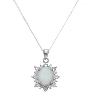 New Sterling Silver Synthetic Opal & Cubic Zirconia & 18" Chain