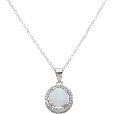 New Sterling Silver Synthetic Opal & CZ Pendant & 18" Necklace
