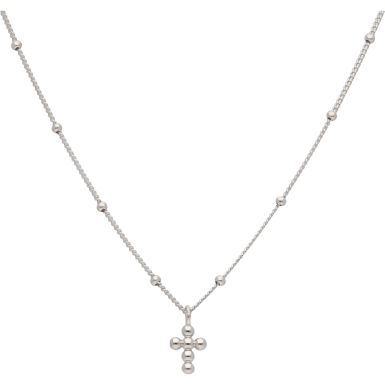 New Sterling Silver Beaded Curb Chain & Ting Bead Cross Necklace