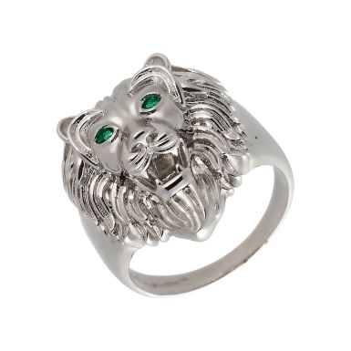 New Sterling Silver Green Eyes Lion Head Ring