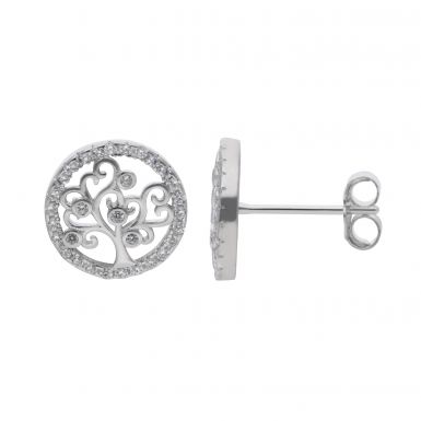 New Sterling Silver Cubic Zirconia Tree Of Life Stud Earrings