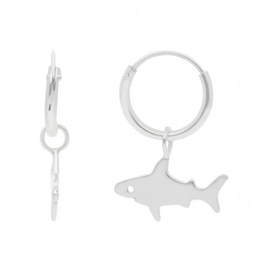 New Sterling Silver Shark Charm Sleeper Hoop Earrings