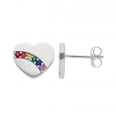 New Sterling Silver Cubic Zirconia Rainbow Heart Stud Earrings