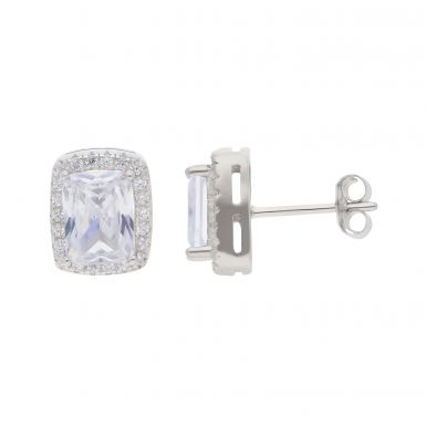 New Sterling Silver Cubic Zirconia Rectangle Halo Stud Earrings
