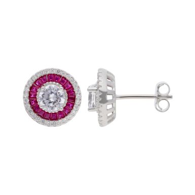 New Sterling Silver Red & White Cubic Zirconia Stud Earrings