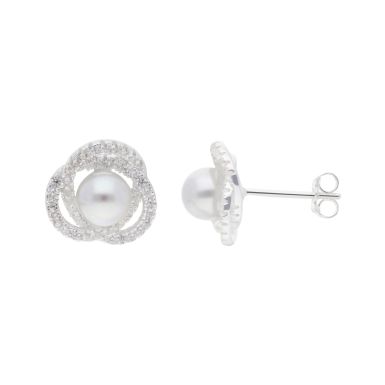 New Silver Faux Pearl & Cubic Zirconia Knot Earrings