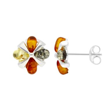 New Sterling Silver Multi-Coloured Amber Flower Stud Earrings