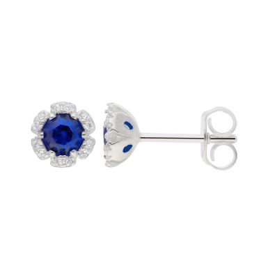 New Sterling Silver Blue Stone Set Petal Flower Stud Earrings