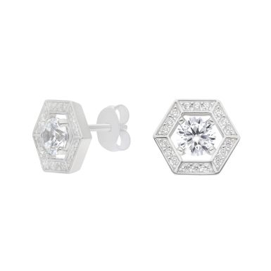 New Sterling Silver Cubic Zirconia Hexagon Halo Stud Earrings