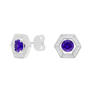 New Sterling Silver Violet Cubic Zirconia Hexagon Halo Earrings