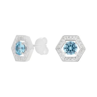 New Sterling Silver Aqua Cubic Zirconia Hexagon Halo Earrings