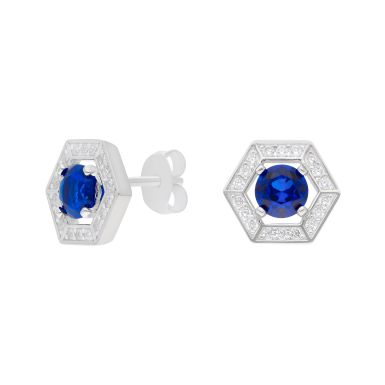 New Sterling Silver Blue Cubic Zirconia Hexagon Halo Earrings
