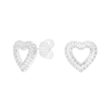 New Sterling Silver Cubic Zirconia Two Row Heart Stud Earrings