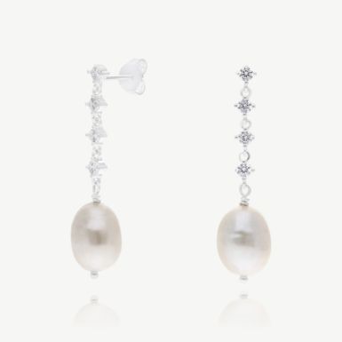 New Silver Cubic Zirconia & Fresh Water Pearl Drop Earrings