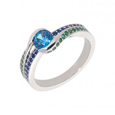 New Sterling Silver Blue & Green Cubic Zirconia Twist Ring