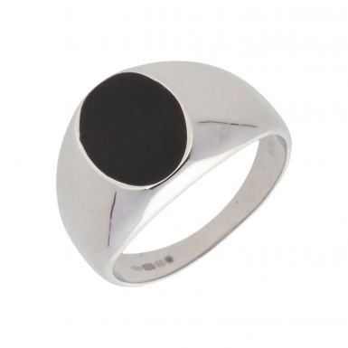 New Sterling Silver Oval Black Enamel Signet Style Ring