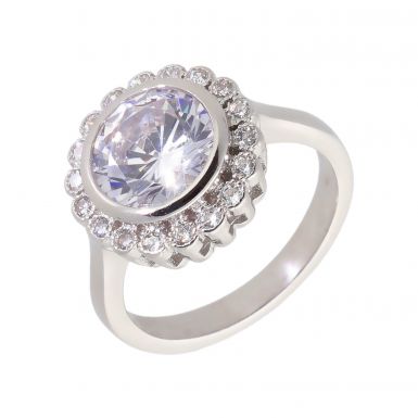 New Sterling Silver Cubic Zirconia Round Halo Cluster Ring