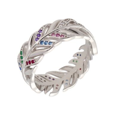 New Sterling Silver Multi-Colour Stone Set Feather Ring