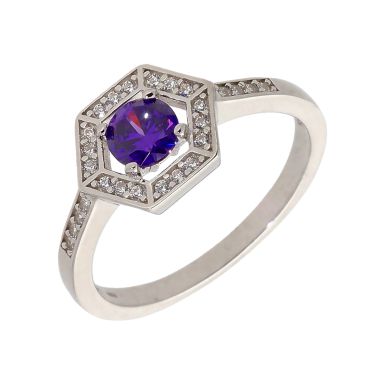 New Sterling Silver Violet Cubic Zirconia Hexagon Halo Ring