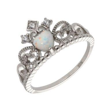 New Sterling Silver Cultured Opal & Cubic Zirconia Crown Ring