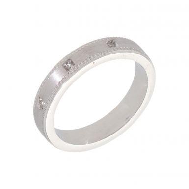 New Silver 4mm 3 Stone Satin Finish Millgrain Edge Wedding Ring