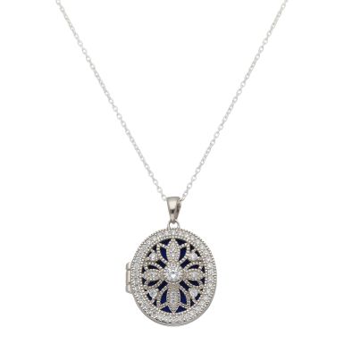 New Sterling Silver Stone Set Oval Locket & 18" Necklace