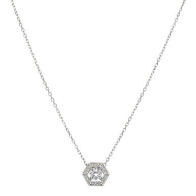 New Sterling Silver Cubic Zirconia Hexagon Halo Necklace
