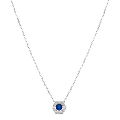 New Sterling Silver Blue Cubic Zirconia Hexagon Halo Necklace