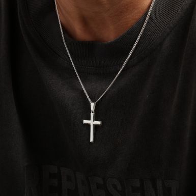 New Sterling Silver Edge Cross Pendant & 22" Chain Necklace
