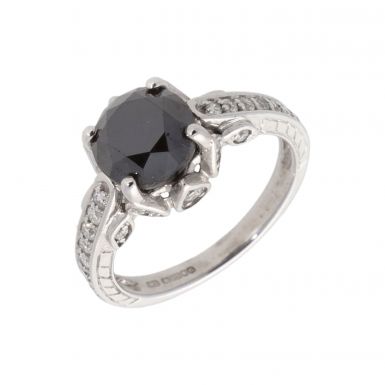 Pre-Owned 9ct White Gold Black Diamond Solitaire & Shoulder Ring