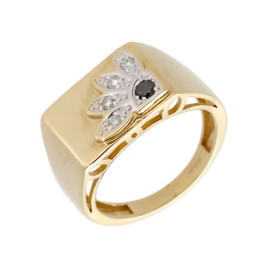 Pre-Owned 9ct Gold Black & White Diamond Flower Signet Ring