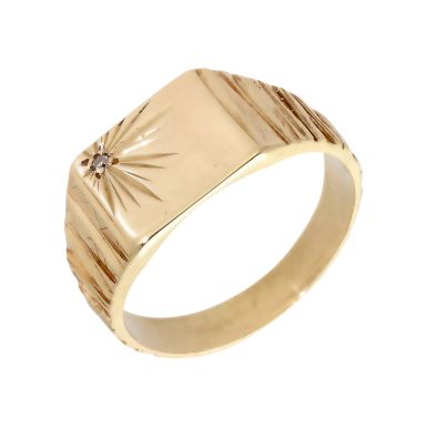 Pre-Owned 9ct Gold Diamond Set Barked Shoulder Signet Ring