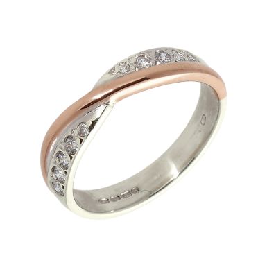 Pre-Owned 9ct White & Rose Gold Diamond Set Crossover Wave Ring