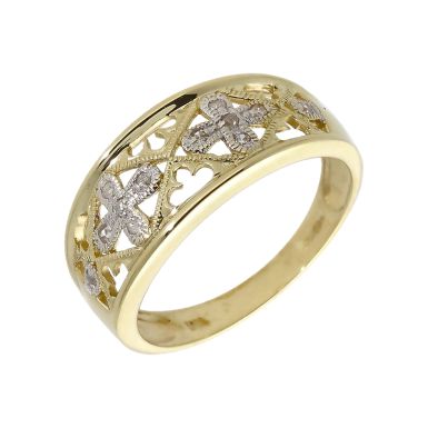 Pre-Owned 9ct Yellow & White Gold Diamond Set Filgree Cross Ring