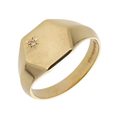 Pre-Owned 9ct Yellow Gold Diamond Set Hexagon Signet Ring