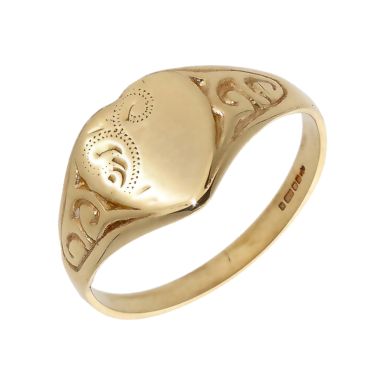 Pre-Owned 9ct Yellow Gold Part Patterned Heart Signet Ring .