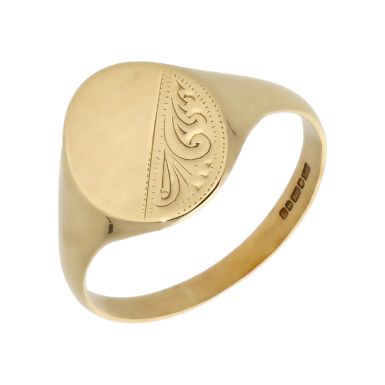 Pre-Owned 9ct Yellow Gold Part Patterned Oval Signet Ring