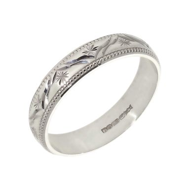 Pre-Owned 9ct White Gold 4mm Patterned Wedding Band Ring